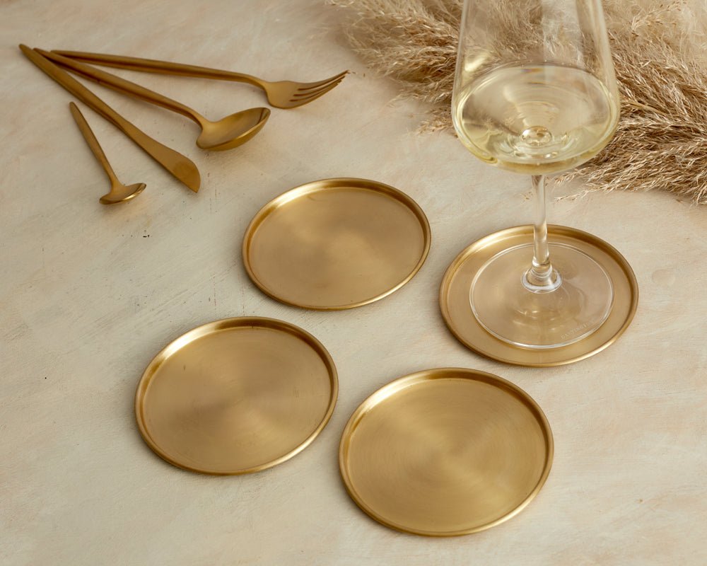 Brass coasters set of 4 solid brass table wine glass cottage dining UK
