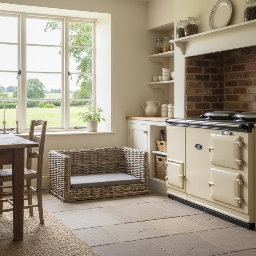 The Cotswold grey Kubu rattan dog sofa bed in farmhouse kitchen UK heritage home