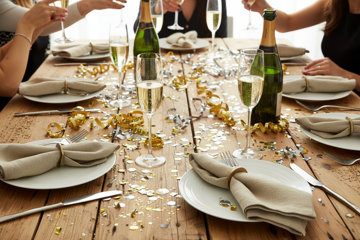 Beige linen table napkin on a celebration table with people toasting during a festive gathering
