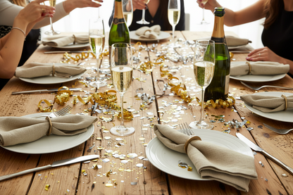 Beige linen table napkin on a celebration table with people toasting during a festive gathering