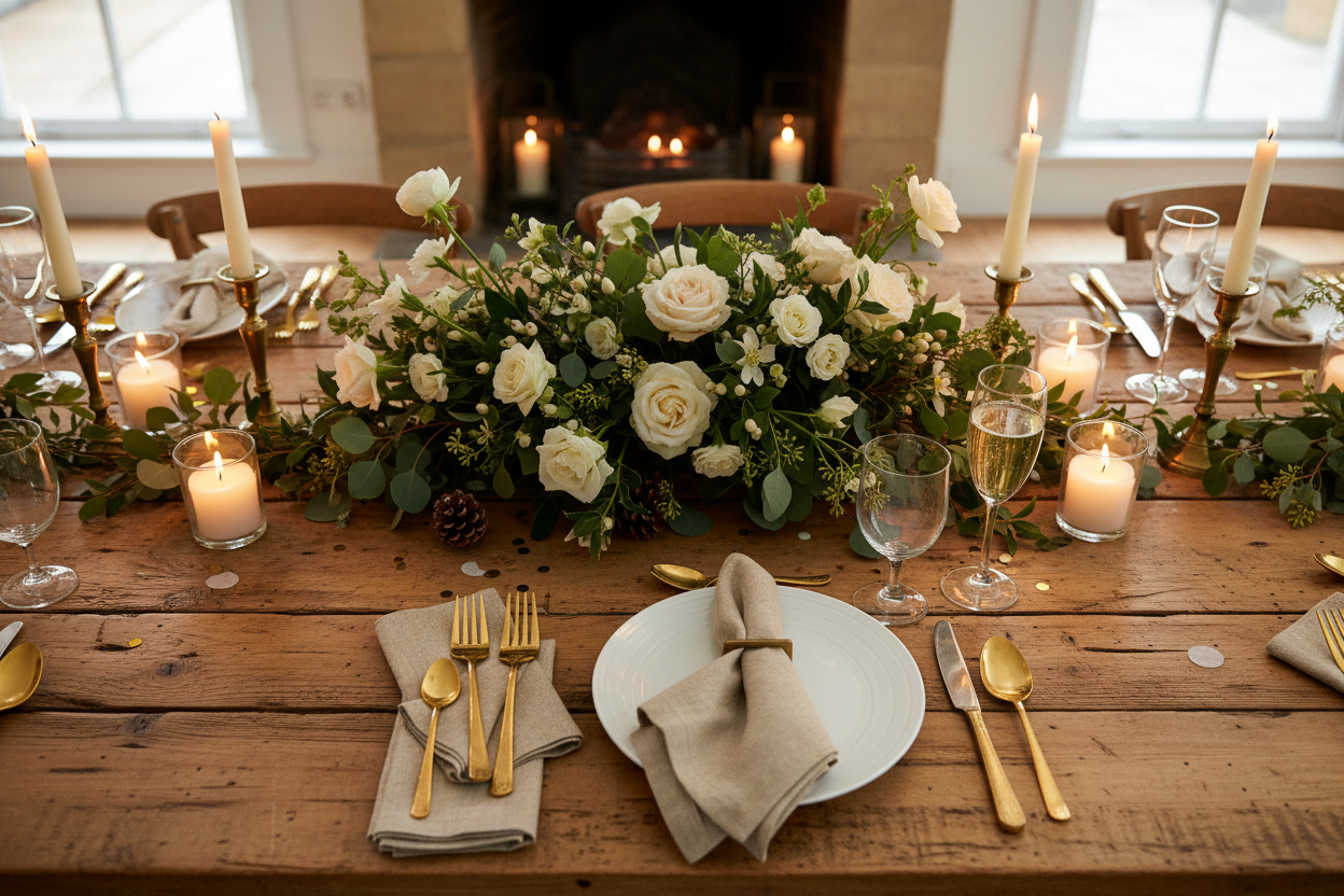 Beige linen table napkin on a formal wedding table setting.