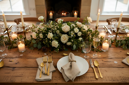 Beige linen table napkin on a formal wedding table setting.