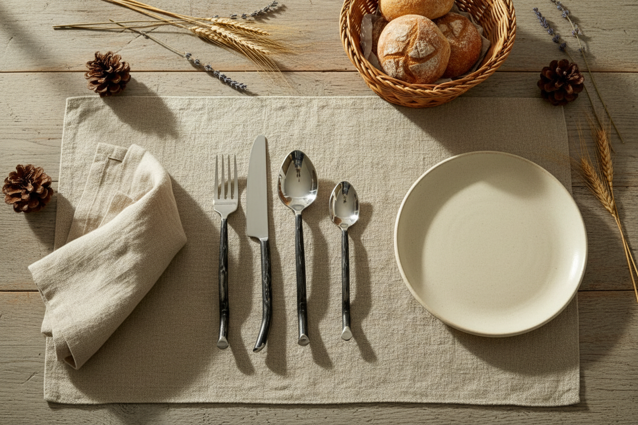 Rustic cutlery on farmhouse dining table with linen and wicker in cottage home UK