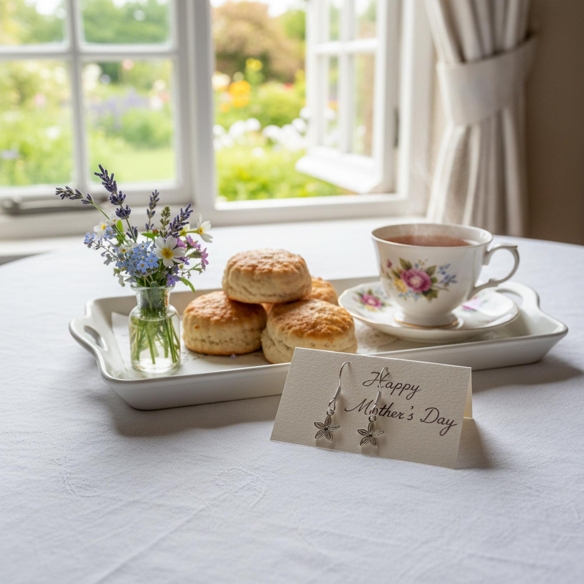 Cottage garden flower earrings spring morning breakfast scene Mother's Day UK gift tea scones mum