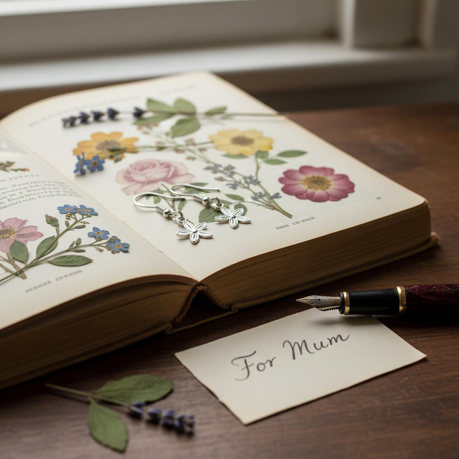 Cottage garden flower earrings vintage gardening book for mum Mother's Day UK pressed flowers gift