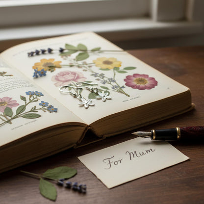 Cottage garden flower earrings vintage gardening book for mum Mother's Day UK pressed flowers gift
