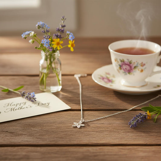 Cottage garden flower pendant necklace rustic wooden surface wildflowers tea Mother's Day UK gift