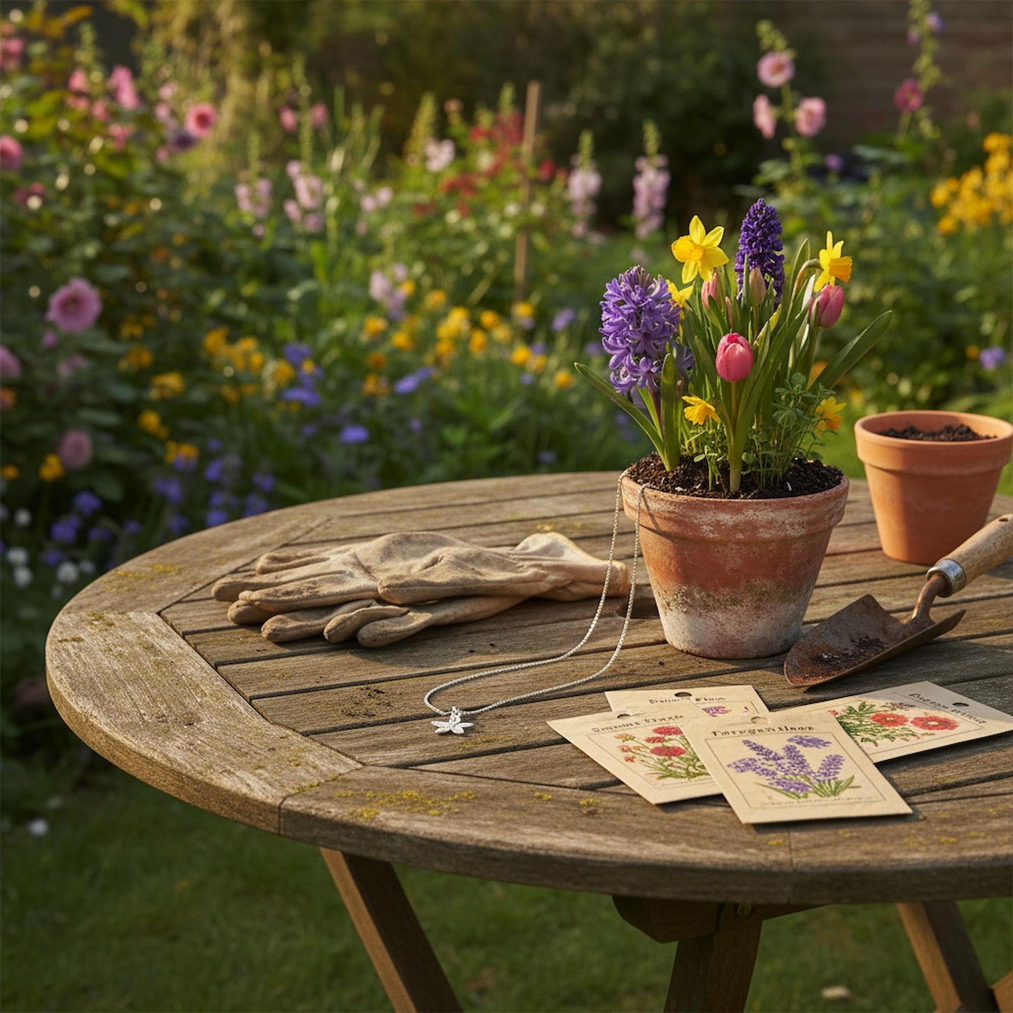 Cottage garden flower pendant necklace garden table gardening gloves seed packets Mother's Day UK