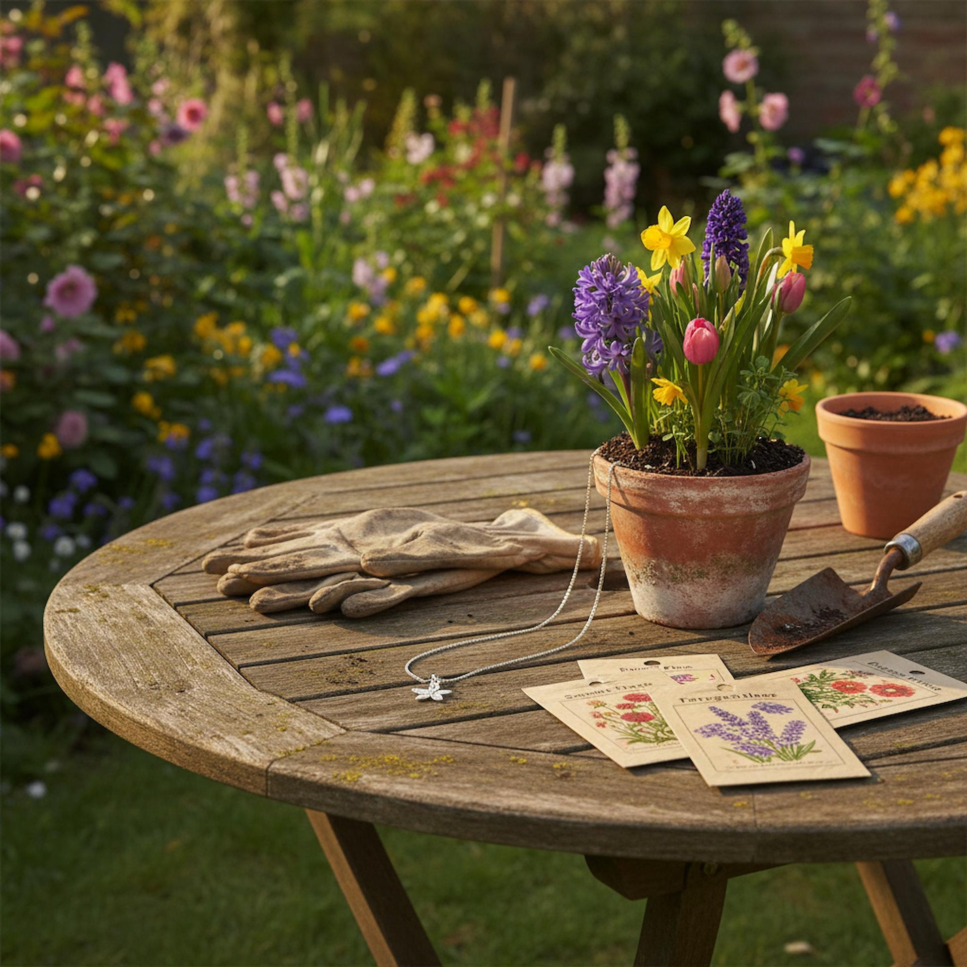 Cottage garden flower pendant necklace garden table gardening gloves seed packets Mother's Day UK