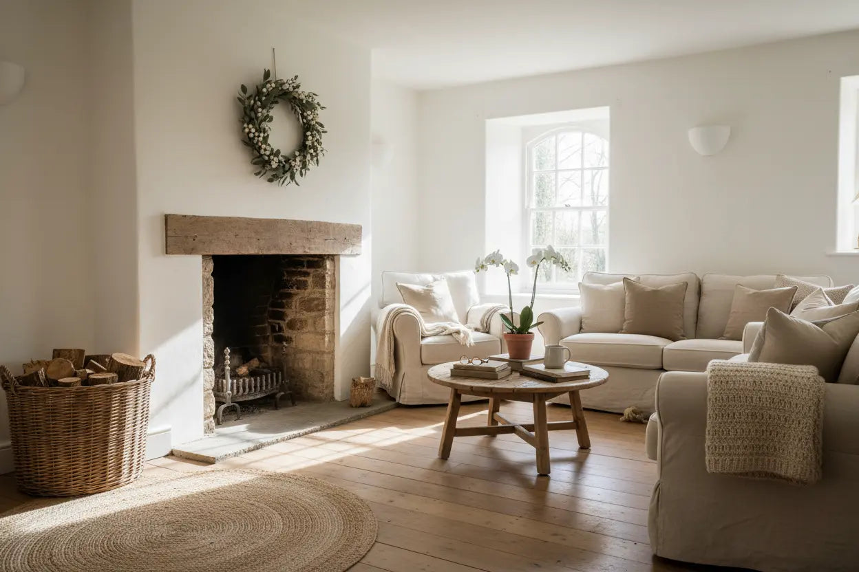 Wicker log basket beside fireplace in cottage sitting room with botanical wreath UK