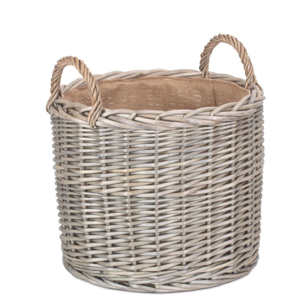 Cropthorne medium wicker log basket front view antique wash hessian lined UK