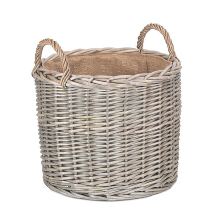 Cropthorne medium wicker log basket front view antique wash hessian lined UK