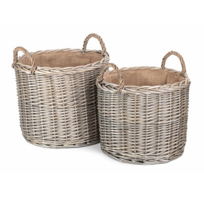 Cropthorne round antique wash wicker log basket hessian lined fireside storage UK
