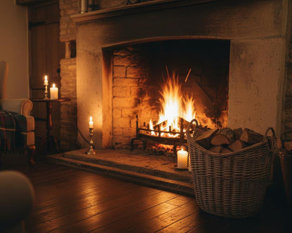 Curved opening basket winter Cotswolds inglenook cottage fire UK