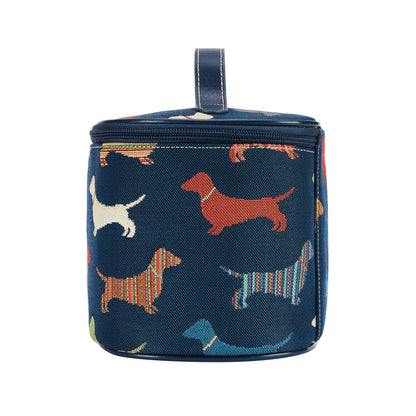 Close-up of woven tapestry dachshund motif on wash bag – UK