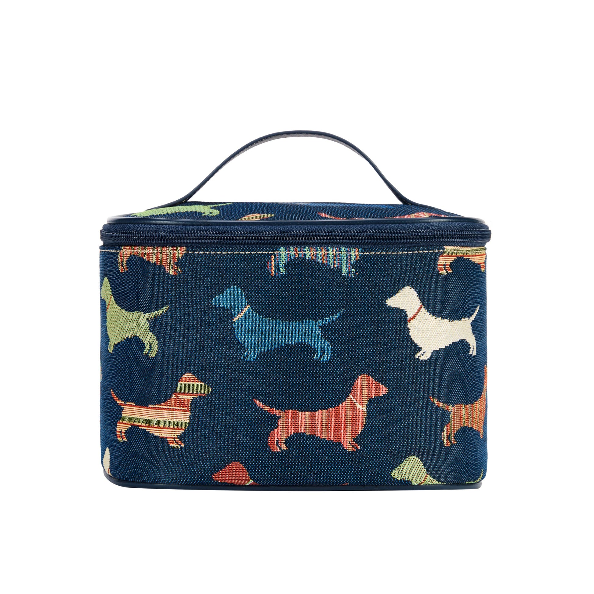 Dachshund tapestry wash bag on bathroom shelf – dog lover gift UK