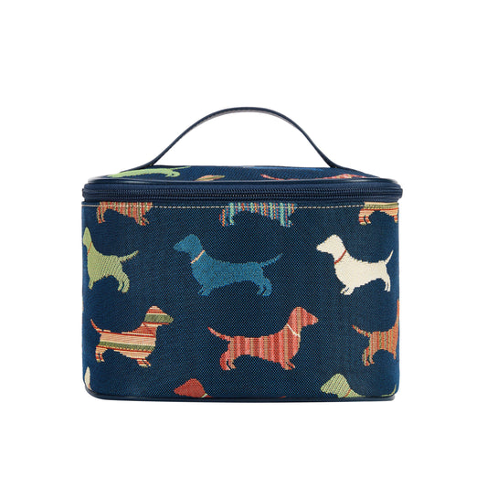 Dachshund tapestry wash bag on bathroom shelf – dog lover gift UK