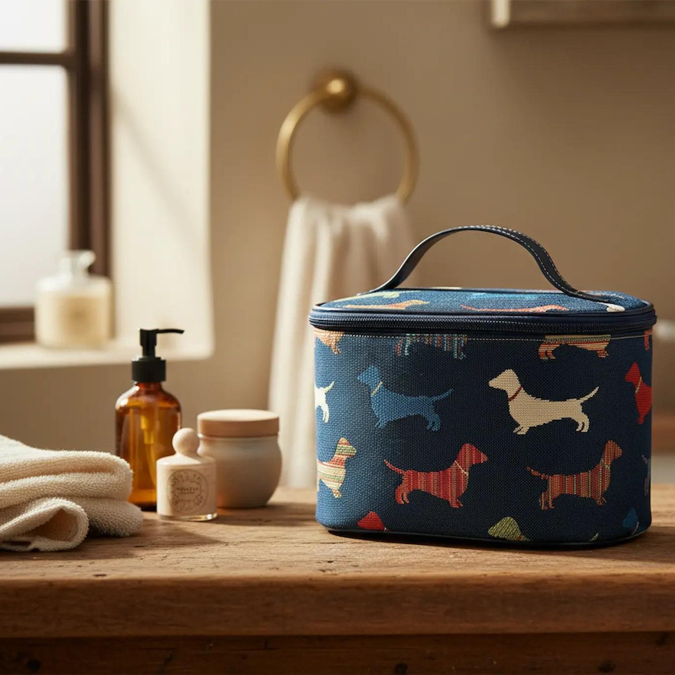Dachshund woven tapestry wash bag front view – sausage dog gift UK