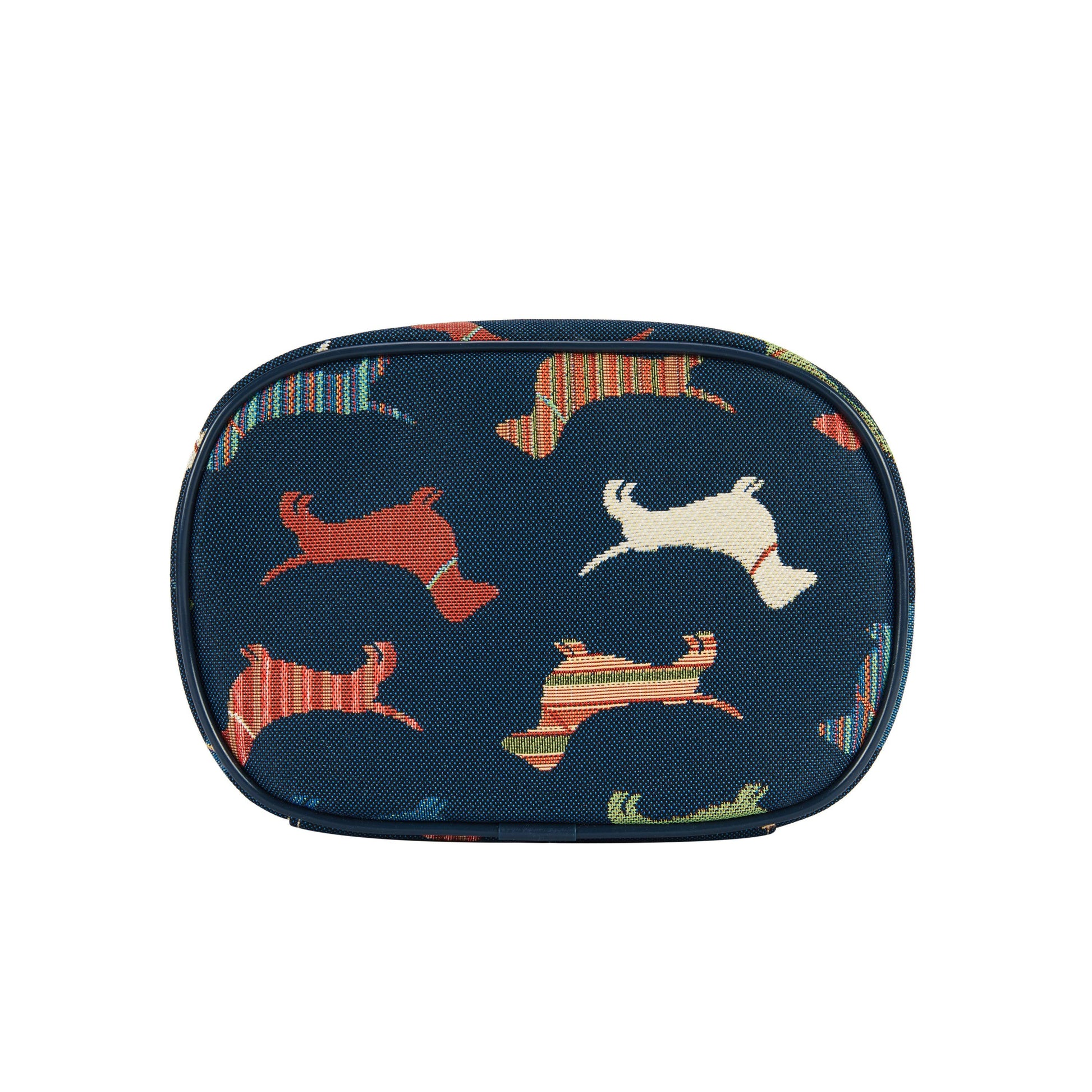 Zip closure detail on dachshund tapestry wash bag – sausage dog UK