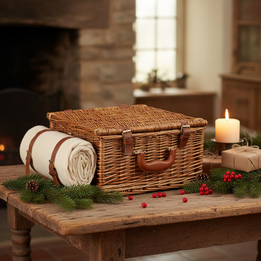 Deluxe 2 person wicker picnic hamper displayed in festive Christmas scene with seasonal decorations