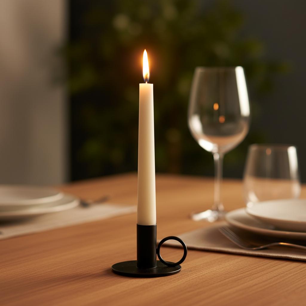Iron candle holder black with lit taper candle dinner table setting UK
