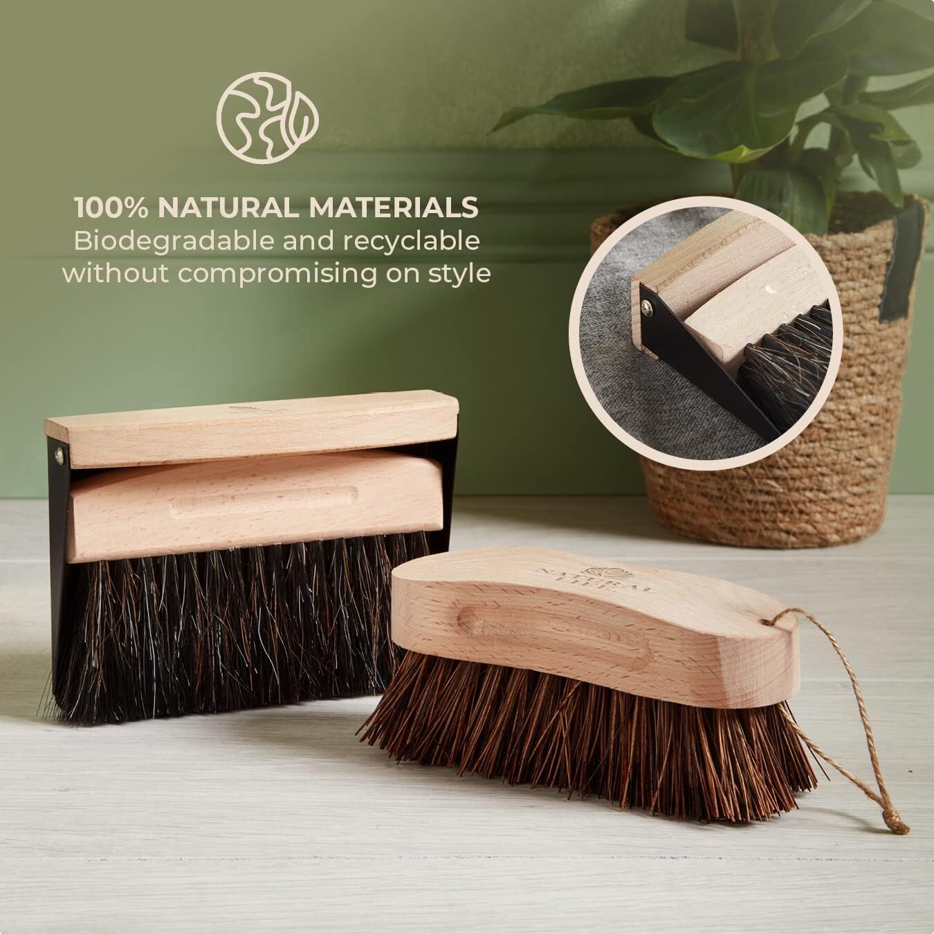 Close-up of eco floor cleaning set made from 100% natural beech wood and bristle, crafted for gentle care and sustainable living