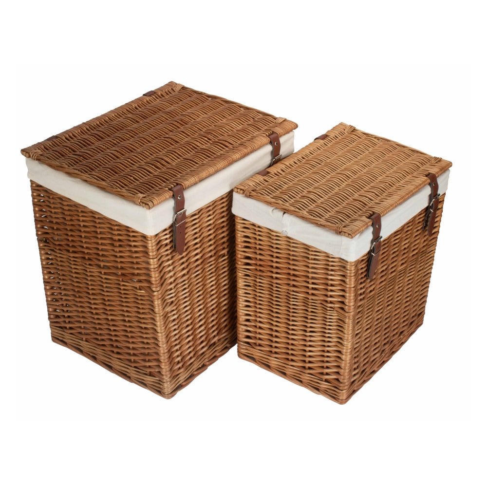 Boutique double steamed wicker laundry hamper with removable cotton lining, faux leather straps, and integral handles from The Edwin Willow collection