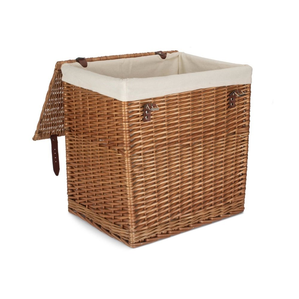 Open view of large double steamed wicker laundry hamper with removable cotton lining and faux leather straps from The Edwin Willow collection