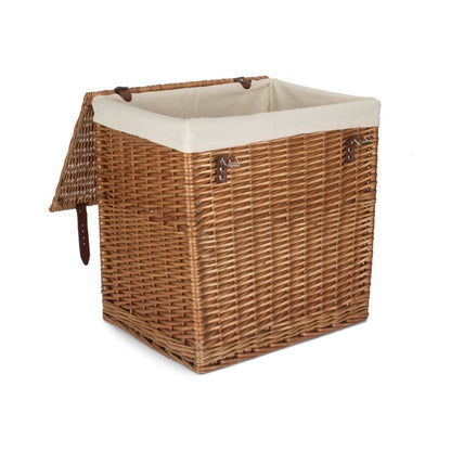 Open view of large double steamed wicker laundry hamper with removable cotton lining and faux leather straps from The Edwin Willow collection