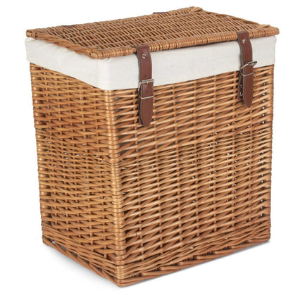 Closed view of small double steamed wicker laundry hamper with faux leather straps and integral handles, part of The Edwin Willow collection