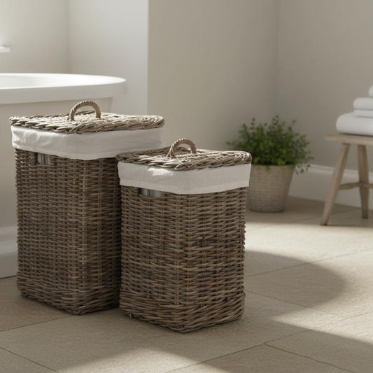Elmley grey Kubu square baskets with lids beside bathtub UK country bathroom
