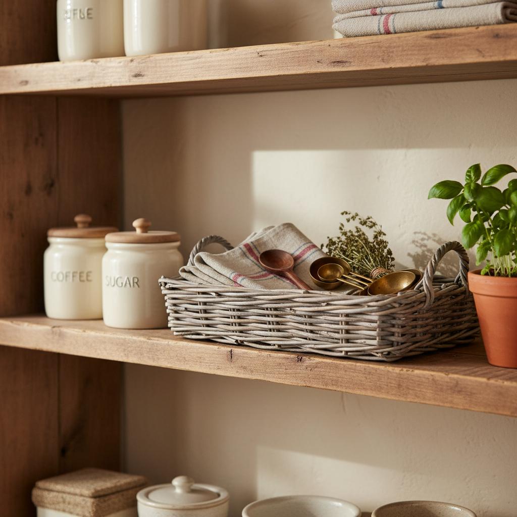 Grey kubu basket tray kitchen shelf storage rustic cottage homeware UK
