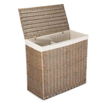 Large rectangular wicker laundry basket with central partition in rust beige, part of The Elmsmere collection, styled for cottage and farmhouse interiors