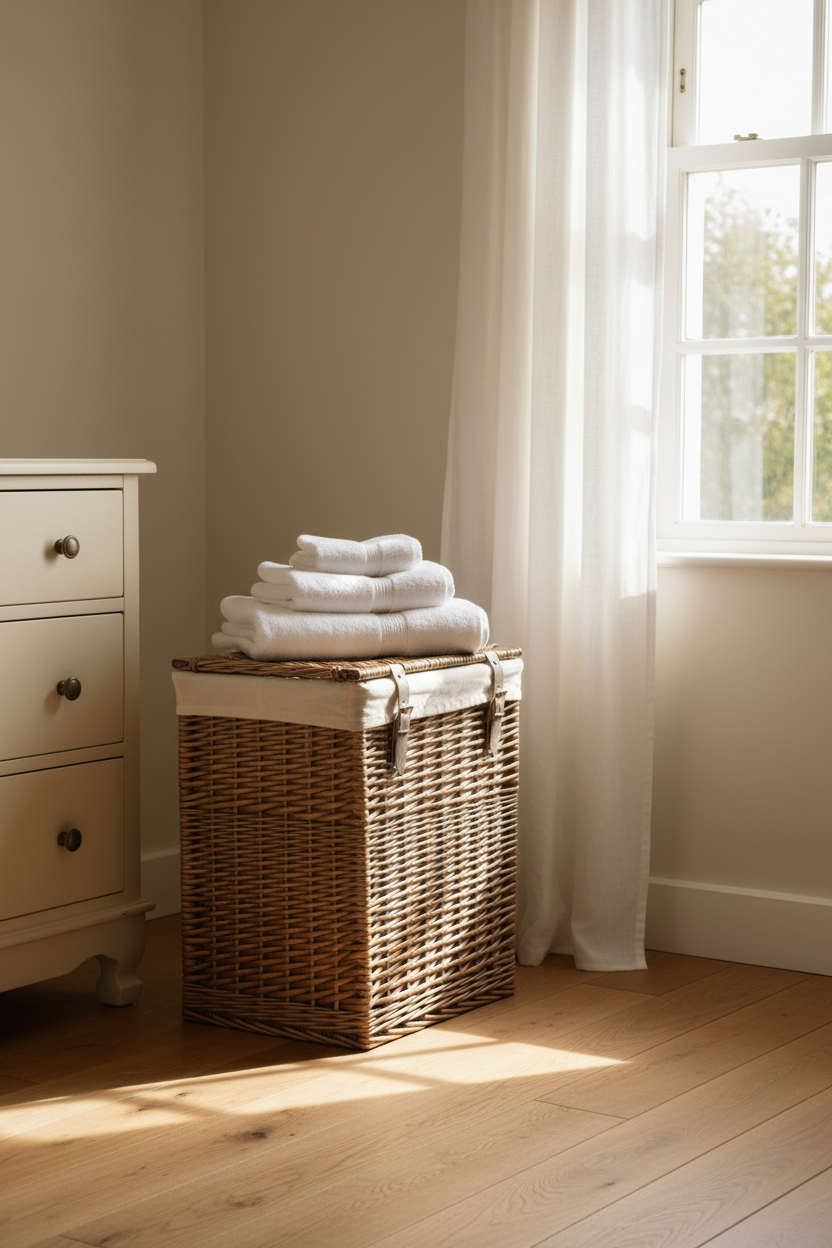 Rectangular wicker laundry basket antique wash in cottage bedroom corner with oak floorboards and vintage furniture