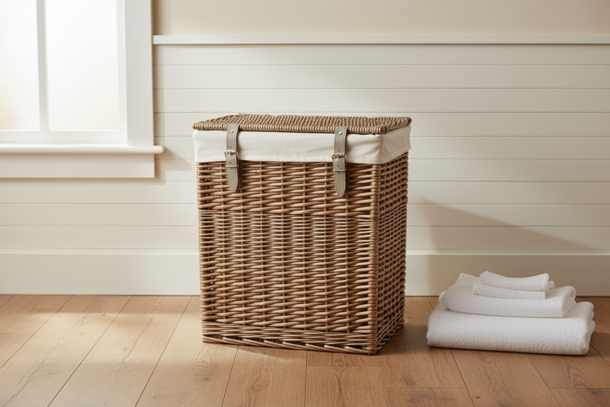 Rectangular wicker laundry basket antique wash with leather straps in farmhouse bathroom on oak floorboards
