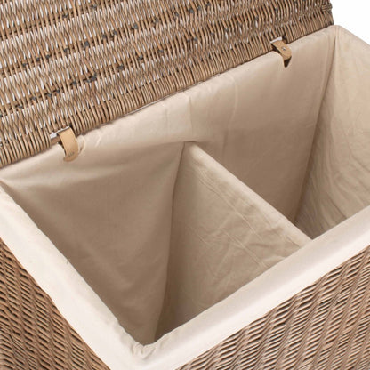 Interior view of large wicker laundry basket in rust beige, showing central partition and spacious compartments from The Elmsmere collection