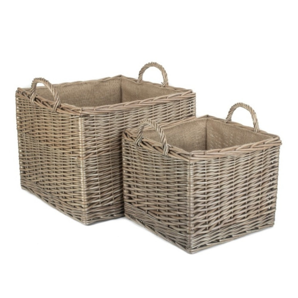 Evesham square antique wash hessian lined wicker log basket set UK