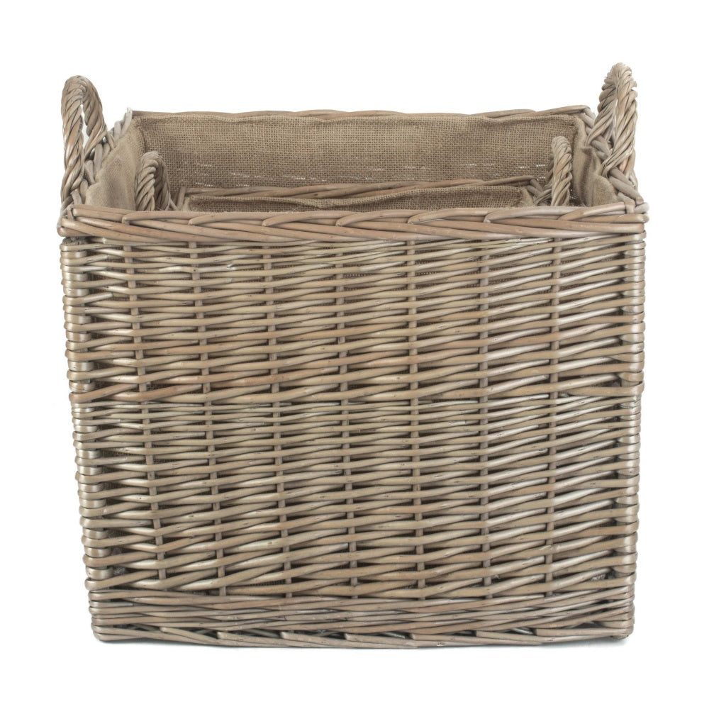 Square hessian lined basket Evesham antique wash fireside UK