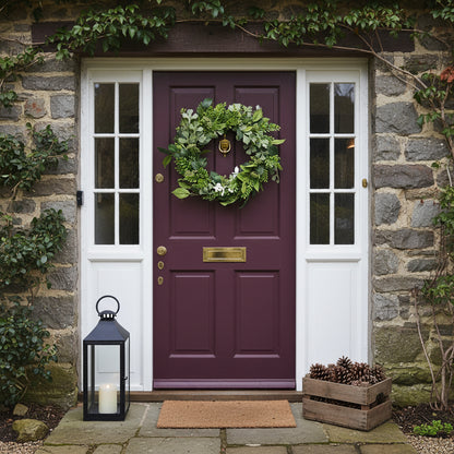 Fern Fable botanical green wreath 50cm on burgundy cottage door UK lifestyle
