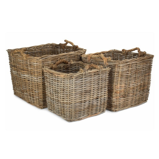 Fladbury square grey rattan log basket handwoven rustic fireside storage UK
