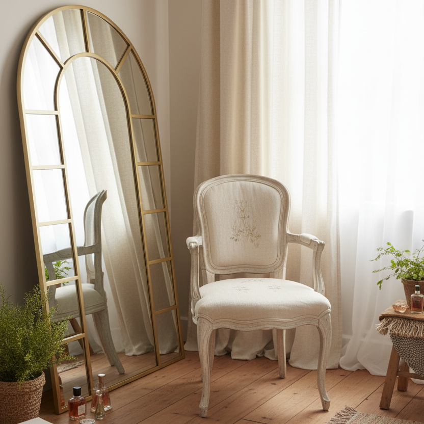 Full length gold arched mirror 180cm in cottage dressing room window style UK