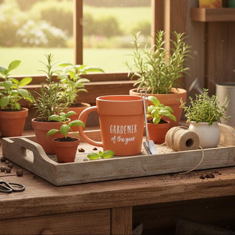 Gardener of the Year mug with gardening gloves and seeds gift UK