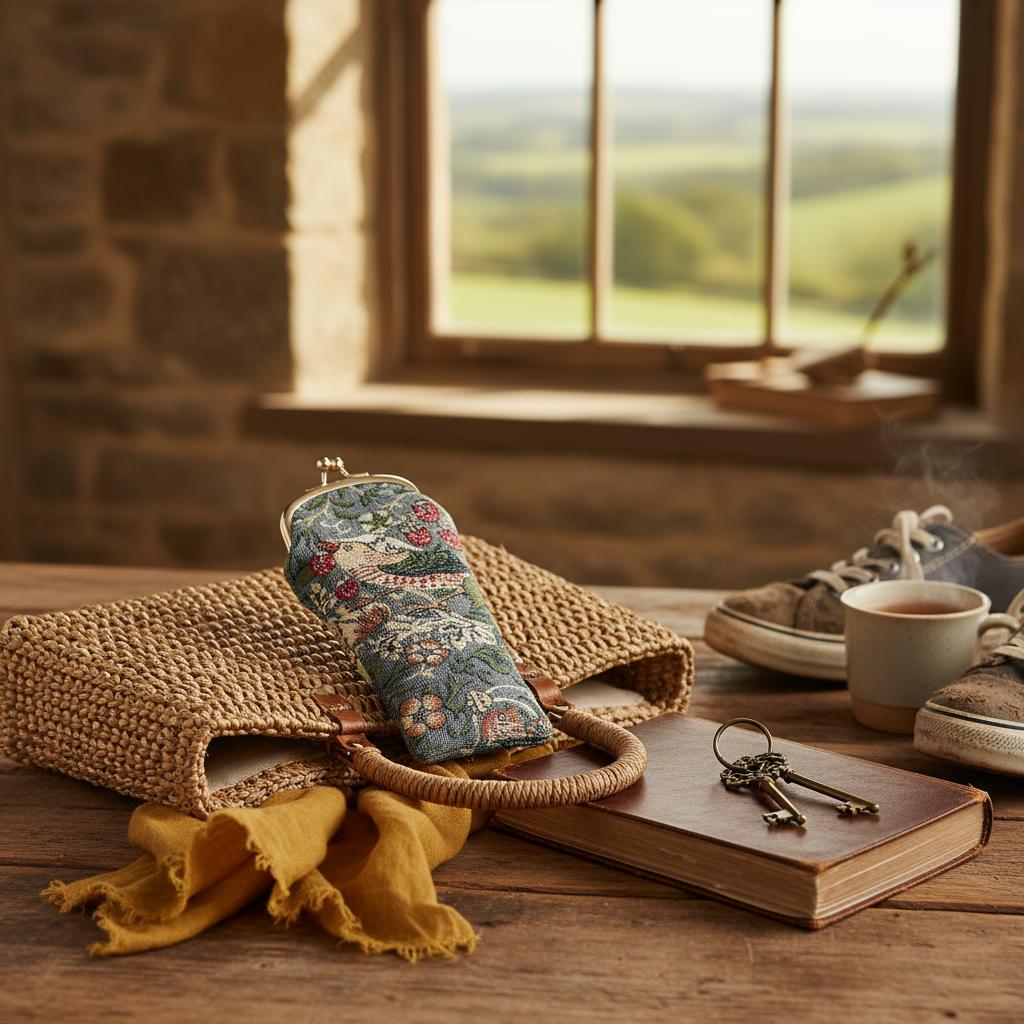 Compact glasses pouch in woven handbag countryside ramble UK lifestyle
