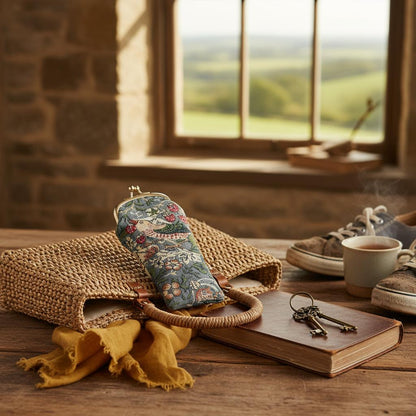 Compact glasses pouch in woven handbag countryside ramble UK lifestyle
