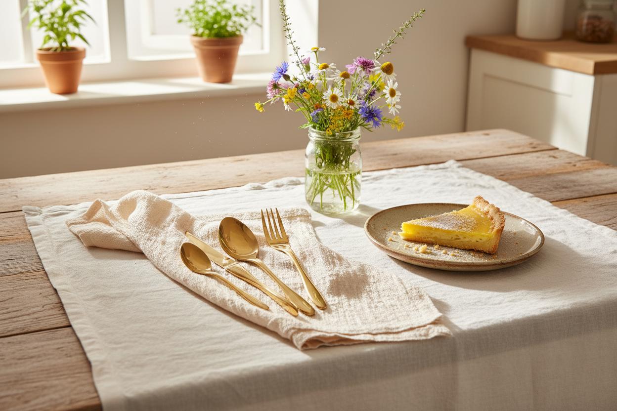 Gold cutlery set styled on bright cottage morning table with wildflowers UK
