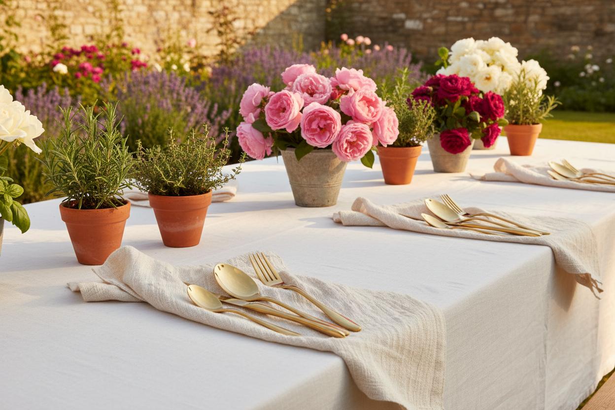 Gold cutlery set summer lunch English walled garden country home UK