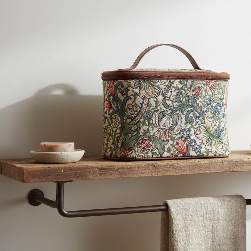 Golden Lily toiletry bag rustic bathroom shelf warm cottage heritage styling