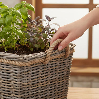 Grey kubu rattan planter rope handle detail handwoven texture UK