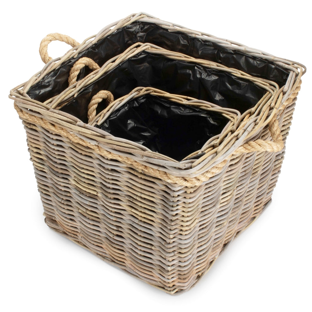 Grey kubu rattan planter set for cottage garden styling UK