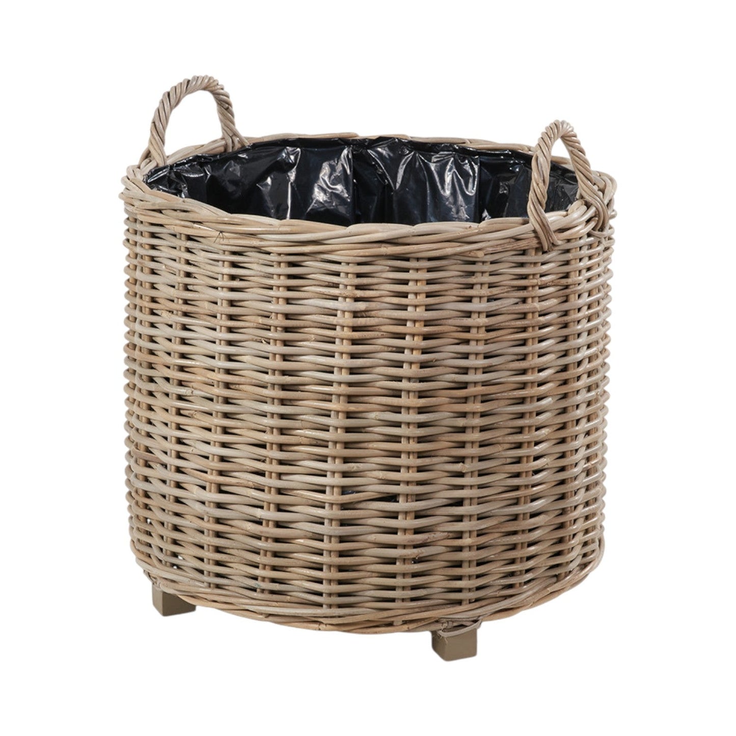 Grey Kubu rattan round planters wooden base protective liner UK cottage garden style